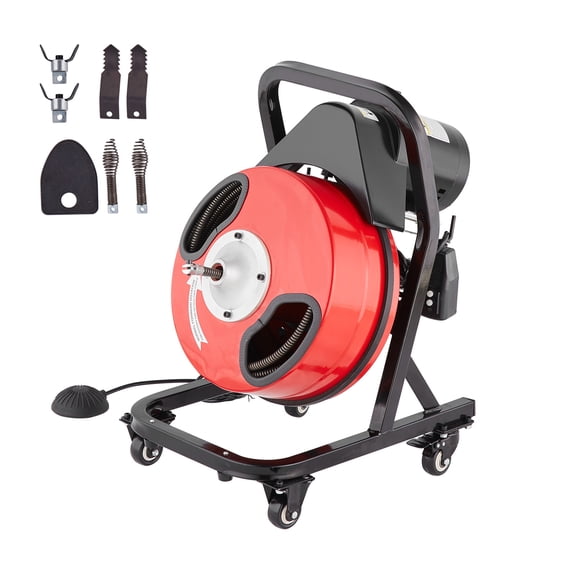 KFFKFF Drain Cleaning Machine 50FT x 1/2 Inch, Manual Feed Sewer Auger - Includes Wheels, 4 Cutters & Foot-Activated Switch for 2" to 4" Pipes