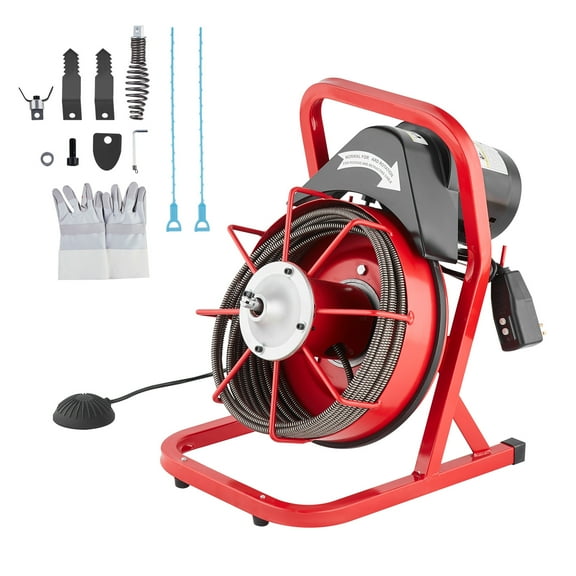KFFKFF Drain Cleaner Machine, 50FT x 3/8 Inch Cable, Manual Operation, 250W Power, Includes Four Blades & Pneumatic Foot Pedal, Suitable for 2"-4" Diameter Pipes
