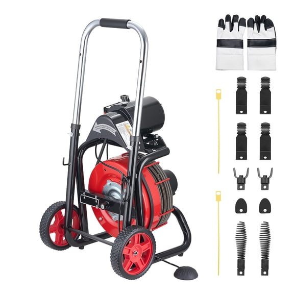 KFFKFF Drain Cleaning Machine 100 FT x 1/2 Inch, Automatic Feed Sewer Snake with Wheels - Includes 8 Cutters & Foot-Activated Switch for 2" to 6" Pipes