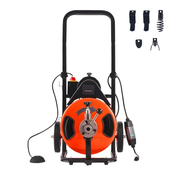 KFFKFF Drain Cleaning Machine 100 FT x 1/2 Inch, Sewer Auger with Auto-Feed, 4 Cutters, and Foot-Activated Switch for 1" to 4" Pipes, Orange and Black