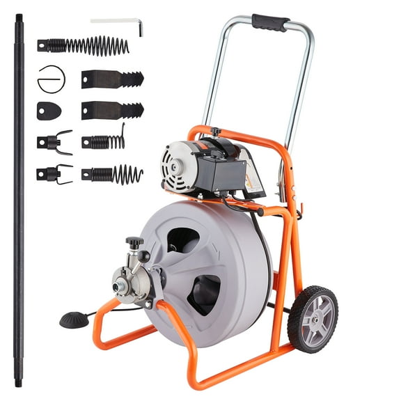 KFFKFF Drain Cleaning Machine, 100FT x 1/2 Inch, Self-feeding, Mobile Drain Auger with 8 Blades & Pneumatic Foot Pedal, Ideal for 2"-4" Pipes