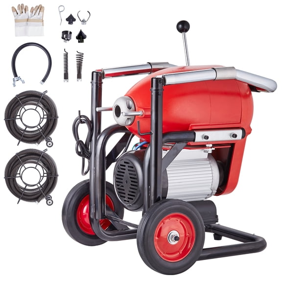 KFFKFF Drain Cleaning Machine, 120FT x 6/5 Inch, 1100W, Manual Operation - Includes 2 Steel Cables, 6 Blades, and Dual-Direction Control for Pipes 4"-8"
