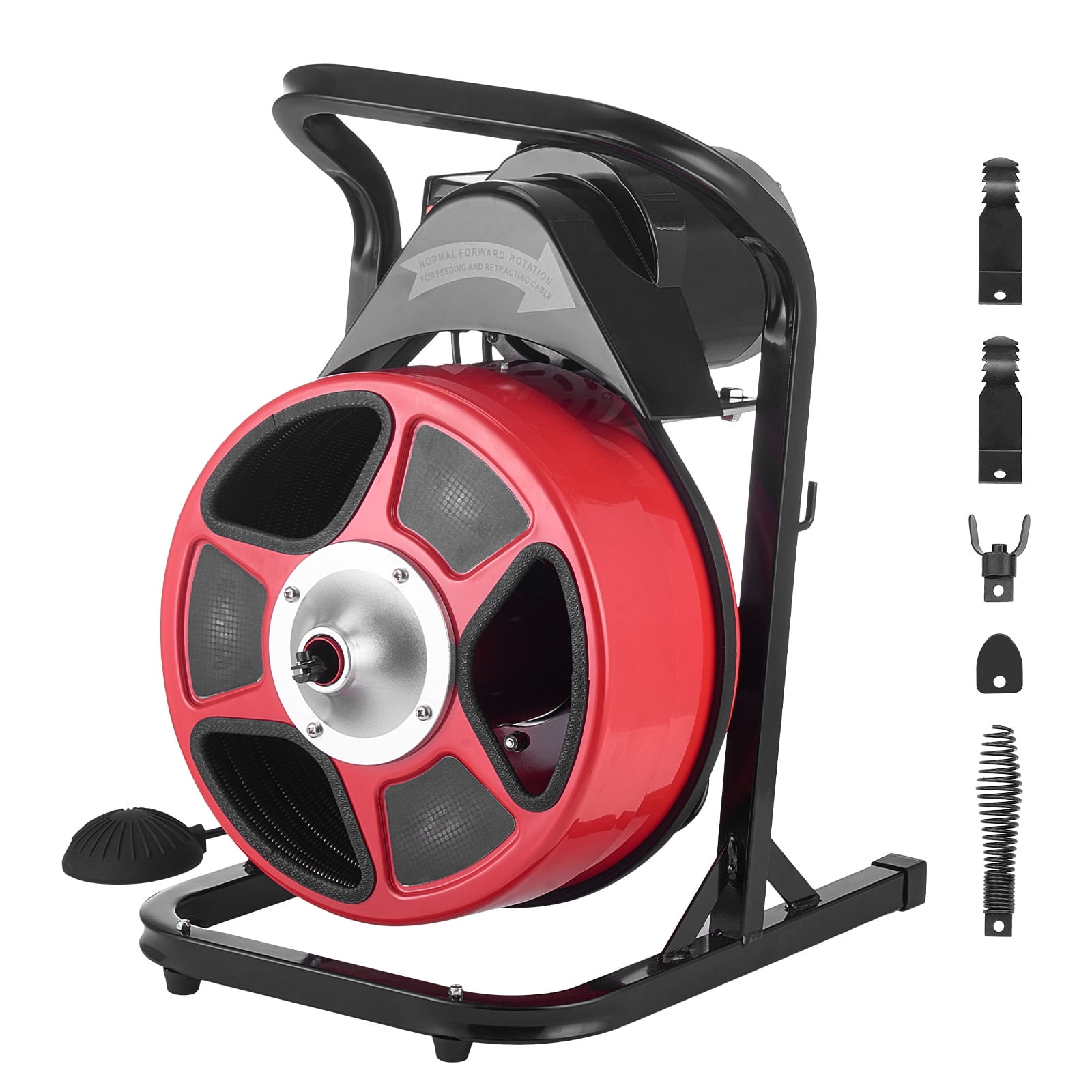 KFFKFF Drain Cleaning Machine 50 FT x 1/2 Inch, Manual Feed Sewer Snake with 4 Cutting Tools & Foot-Activated Switch for 2" to 6" Pipes