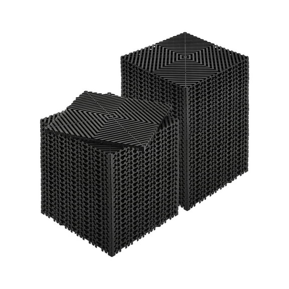 KFFKFF Drainage Mat System, 12 x 12 Modular Cushioning Tiles, Set of 50 Interlocking Drain Mats, Black PP Non-Slip Floor and Shower Tiles, Suitable for Garage, Garden, Kitchen & Outdoor Use
