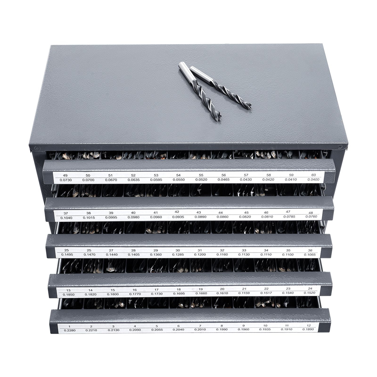 KFFKFF Drill Bit Storage Cabinet, Quintuple-Drawer Organizer for #1 to #60 Steel Drill Bits, Label-Included Stackable Cabinet for Drill Bit Organization