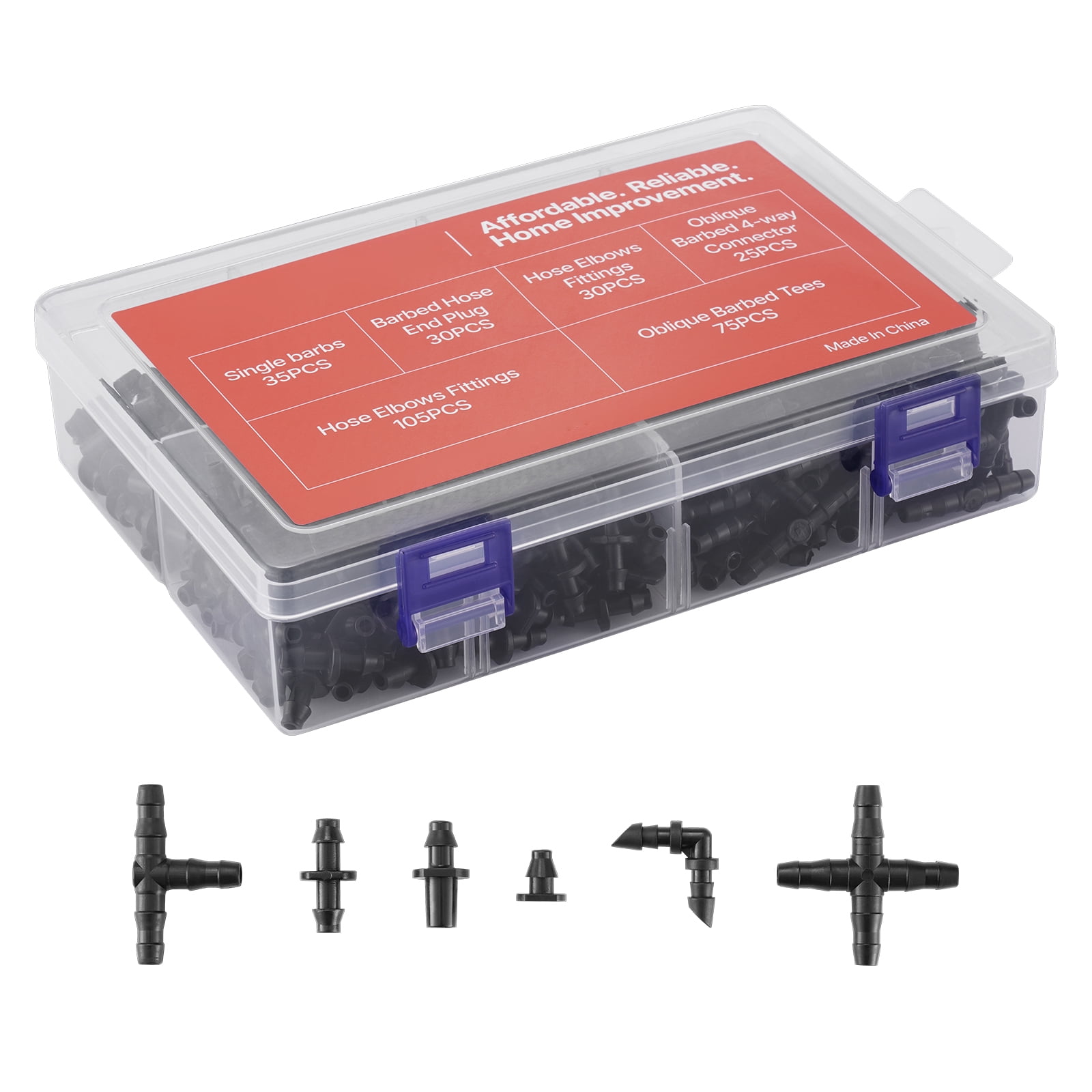 KFFKFF Drip Irrigation Fittings Kit for 1/4" Tubing, 300 Pieces of Irrigation System Components, Including Tees, Straight Barbs, 4-Way Couplings, Elbows, End Plugs, Single Barbs, and Connectors