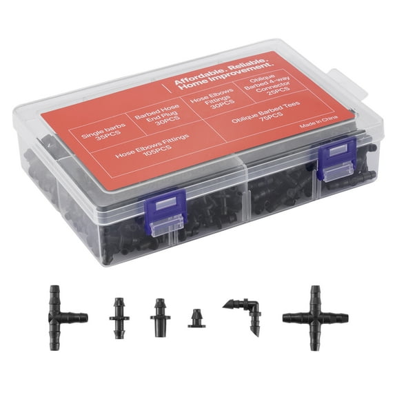 KFFKFF Drip Irrigation Fittings Kit for 1/4" Tubing, 300 Pieces of Irrigation System Components, Including Tees, Straight Barbs, 4-Way Couplings, Elbows, End Plugs, Single Barbs, and Connectors