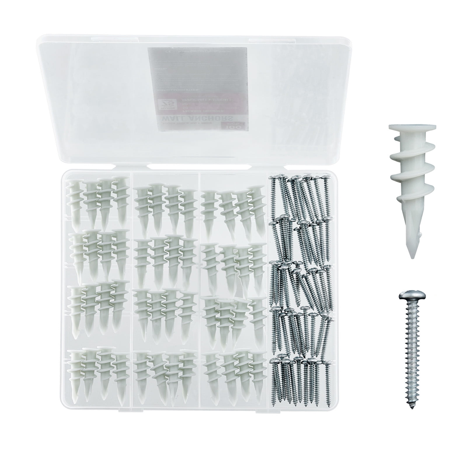 KFFKFF Drywall Anchors Self-Drilling, Pack of 100, Wall Anchors and Screws Kit, No Need for Drilling Holes, Nylon Plastic Wall Anchors with Robust Metal Screws, Suitable for Drywall