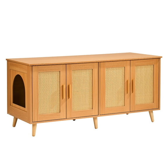 KFFKFF Dual-Cat Litter Cabinet, Rattan Accent Doors, Wood Litter Box Holder, Accommodates Standard Litter Trays, 47.2"L x 19.7"W x 21.7"H, Natural Finish