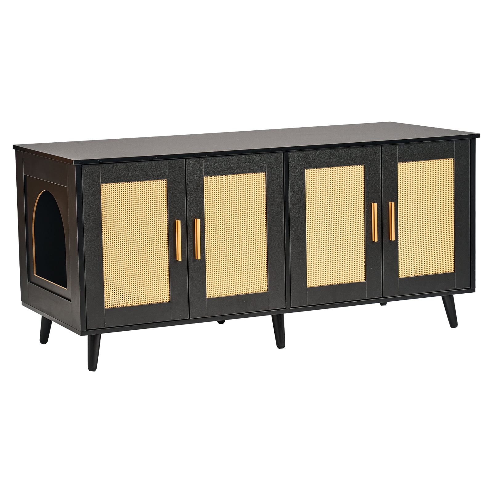KFFKFF Dual Cat Litter Enclosure, Privacy Furniture for Cats with Wicker Door Design, Wood Litter Cabinet Compatible with Various Boxes, 47.2"L x 19.7"W x 21.7"H, Black