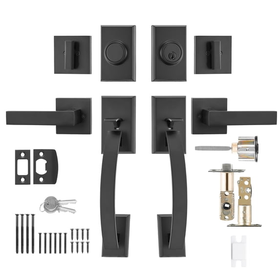 KFFKFF Dual Door Handle Kit, Satin Black Curved Door Lever, Twin Entry Door Handle Kit with Interchangeable Handle Lever, Robust Dual Door Lock Kit with Non-Functional, Suitable for Business Door
