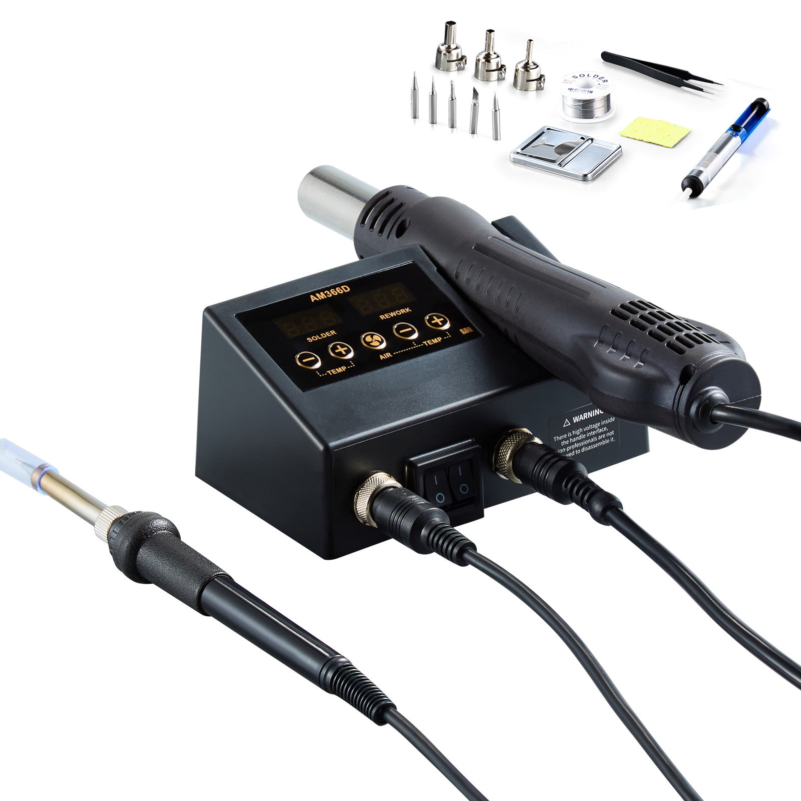 KFFKFF Dual Function Heat Gun & Soldering Iron Station, 750W LED Display Heat and Soldering Tool Station with Modifiable Temperature & Air Circulation, 5 Soldering Points, 3 Heat Gun Nozzles