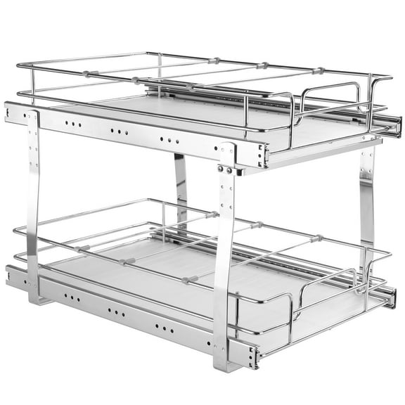 KFFKFF Dual Layer 13"W x 21"D Cabinet Storage Solution, Robust Slide Out Pantry Racks, Steel with Chrome Finish Roll Out Compartments, Glide Out Storage for Kitchen Cabinet, Bathroom, Beneath Sink
