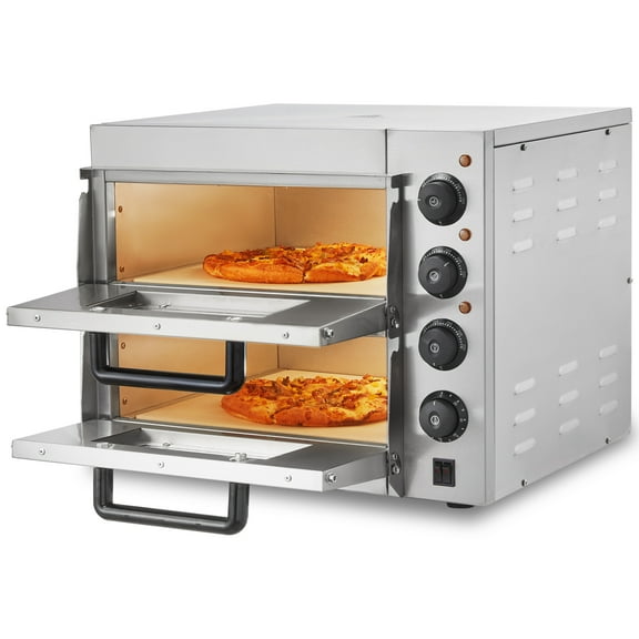 KFFKFF Dual Layer 14" Countertop Pizza Oven, Stainless Steel with Stone Base and Handle, Versatile Electric Oven for Home and Restaurant Use, Ideal for Pizza, Pretzels, and Baked Goods