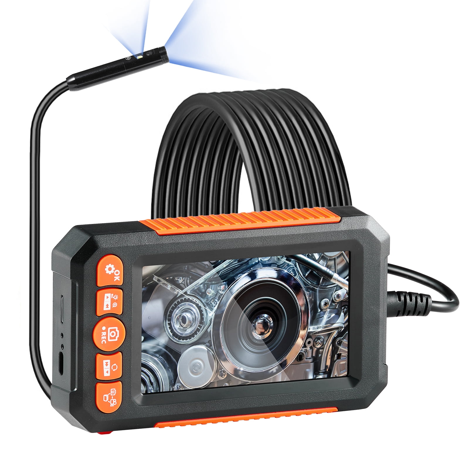 KFFKFF Endoscope Camera with Lights, featuring a 4.3" Display for 1080P Quality Imaging, 8+1 Illumination Options, 4X Magnification, and an IP67 Rated Waterproof Design.