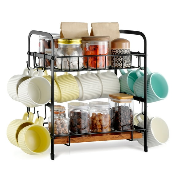 KFFKFF Mug Holder, 2 Tier Mug Rack with 12 Movable Hooks, with Storage Base Coffee Cup Holder for Countertop, Black
