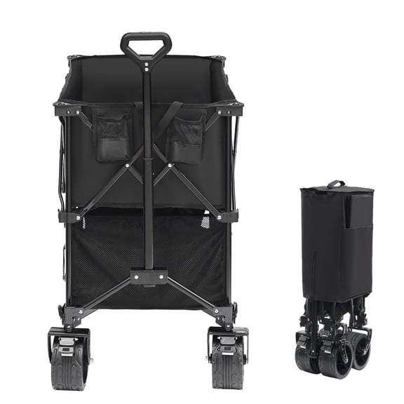 KFFKFF Dual-Level Folding Cart, 400L Compact Trolley with Multi-Surface Wheels, Robust Foldable Cart with 350 lbs Load Capacity for Outdoor Activities, Shopping, Gardening, 52" Extended Length