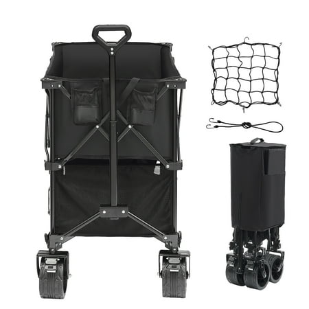 KFFKFF Dual-Level Folding Cart, 400L Compact Trolley with Multi-Surface Wheels, Robust Foldable Cart with 350 lbs Load Capacity for Outdoor Activities, Shopping, Gardening, 52" Extended Length