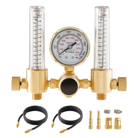 KFFKFF Dual Output Argon Regulator with Flow Meter, Gas Regulator Gauge for TIG/MIG Welding - Includes Two 6.6FT Rubber Hoses, 0-60 SCFH, 0-4500 PSI Inlet Pressure, CGA580 Connection