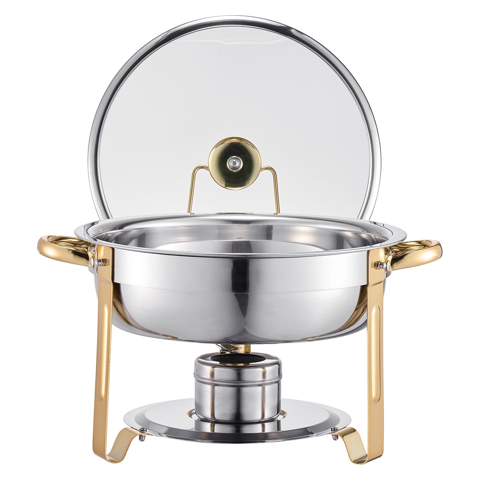 KFFKFF Dual Pack Buffet Service Set, 5 Qt Capacity, Constructed from Stainless Steel, Includes 4 Full-Size Pans, Round Food Heater with Glass Lid, Water Tray, Foldable Stand and Fuel Holder