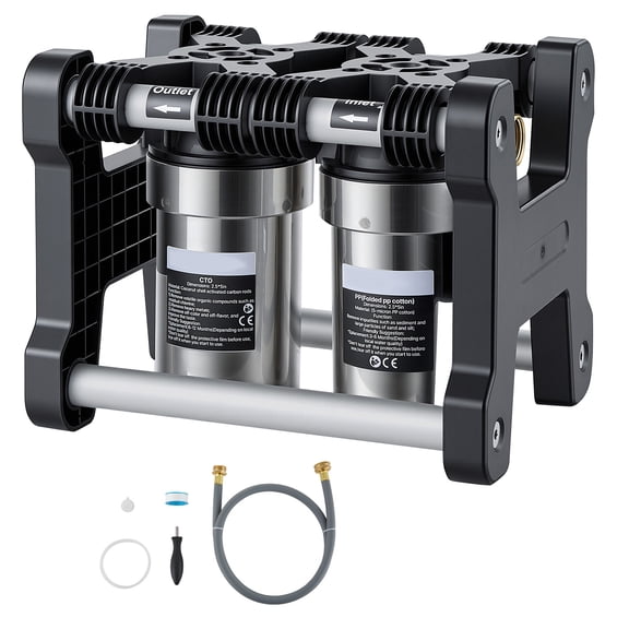KFFKFF Dual Stage RV Water Filtration System, 5-Micron Filter with Two Cartridges and 3/4" Fitting for RVs and Campers, Reduces Sediment, Chlorine, Heavy Metals, Odors, and Other Impurities
