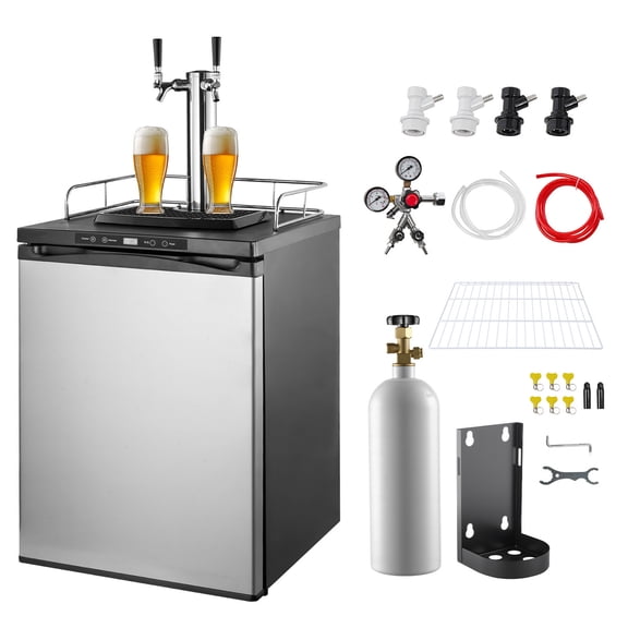 KFFKFF Dual Tap Beer Kegerator, Home Draft Beer Dispenser with CO2 Tank, Compatible with Ball Lock Kegs, Full-Size Refrigerator for 2 Sixth / 2 Slim / 3 Ball Lock Kegs, 162L Capacity