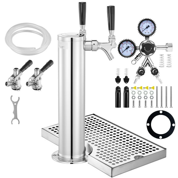 KFFKFF Dual Tap Kegerator Tower Kit, Stainless Steel Beer Dispenser with Dual Gauge Regulator, D-System Keg Coupler, and Drip Tray for Home or Party Use