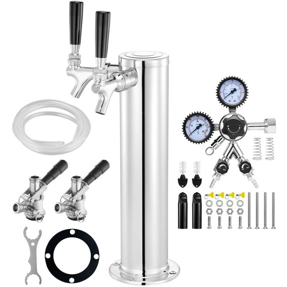 KFFKFF Dual Tap Kegerator Tower Kit, Stainless Steel Beer Dispenser with Dual Gauge Regulator & D-System Keg Coupler, Self-Closing Spring for Home Bar and Party Use