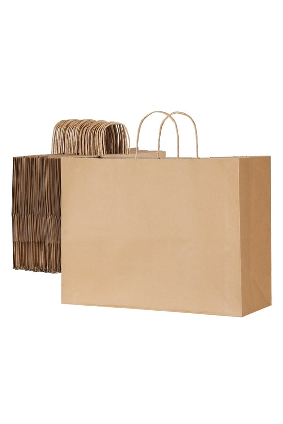 50 pack Kraft Paper Bags with Handles 16 x 6 x 12 in, Large Gift Bags, Reusable and Recyclable Take-Out Sacks, Brown Shopping Bags, Plain Bulk Party Bags for Events, Business, Crafts