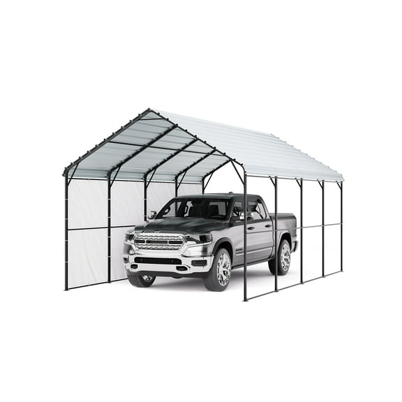 KFFKFF Durable Metal Carport, 12' x 20' Outdoor Shelter with Galvanized Steel Frame & Roof, Versatile Garage Tent with Detachable Sidewalls for Vehicles, Boats, and Equipment