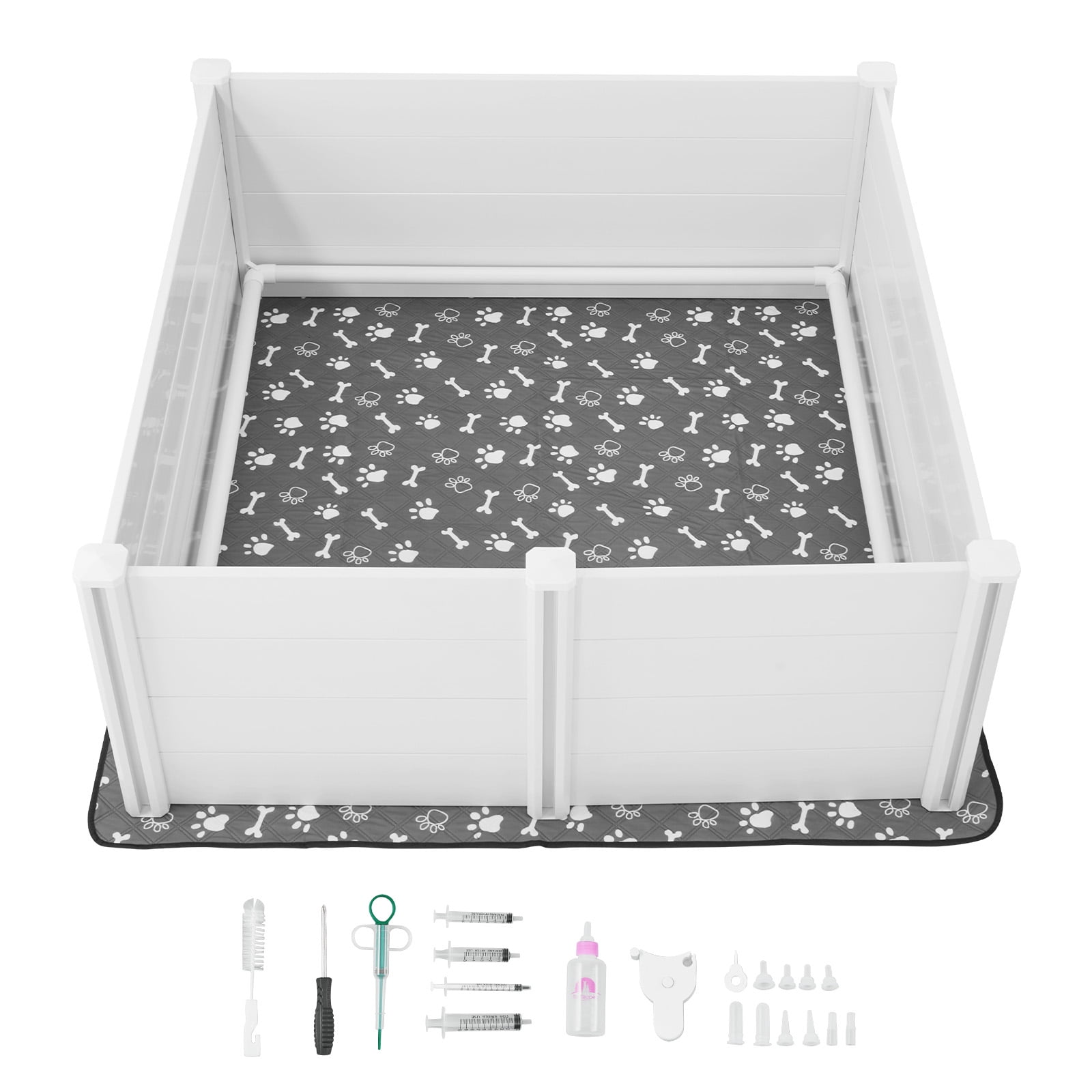 KFFKFF Durable Whelping Box for Dogs, 60 x 60 x 24 inch, Plastic PVC Puppy Playpen with Adjustable Door Height and Washable Pad, Indoor Play Area for Large Breed Puppies, Milk White