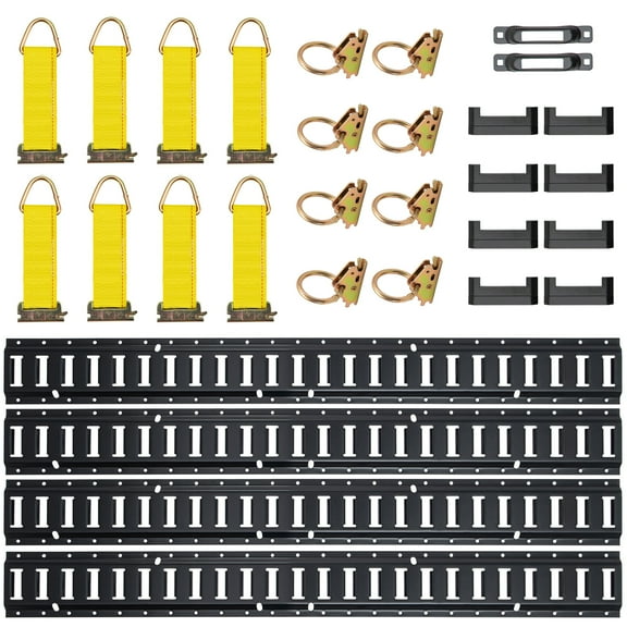 KFFKFF E Track Securing System, 30-Item 5FT E-Track Bundle Comprising 4 Metal Tracks, 2 Single Slots, 8 O Rings, 8 D-Ring Tie-Offs & 8 End Caps, Essential Fixing Tools for Cargo, Motorbikes