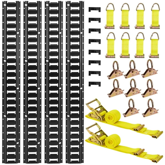 KFFKFF E-Track Tie-Down Rail Kit, 4-Pack 7.7 ft Rails, Includes 2 Ratchet Straps, 8 O-Rings, 8 Tie-Offs with D-Rings, and 8 End Caps, Suitable for Garages, Vans, Trailers, and Motorcycles