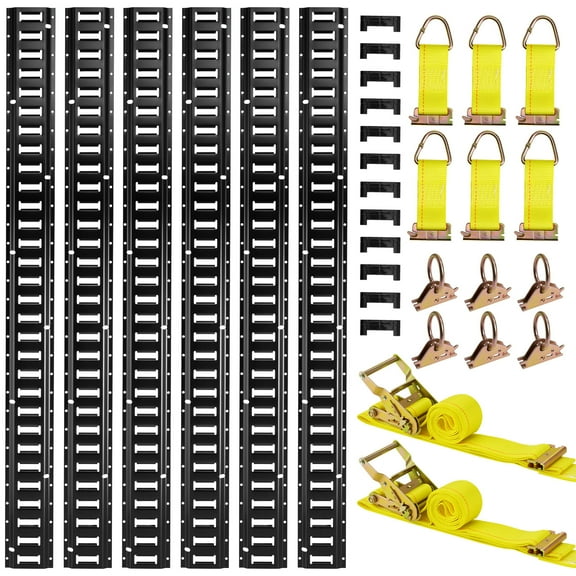 KFFKFF E-Track Tie-Down Rail Kit, 6-Pack of 5 ft Rails, Includes 2 Ratchet Straps, 6 O-Rings, 6 Tie-Offs with D-Ring, and 12 End Caps, Suitable for Garages, Vans, Trailers, and Motorcycles