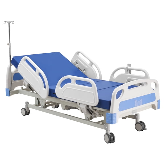 KFFKFF Electric Adjustable Hospital Bed with 5 Functions, Medical Bed with Trendelenburg & Reverse Trendelenburg, 5" Locking Wheels & High-Density Mattress for Home Care, 550 lbs Capacity
