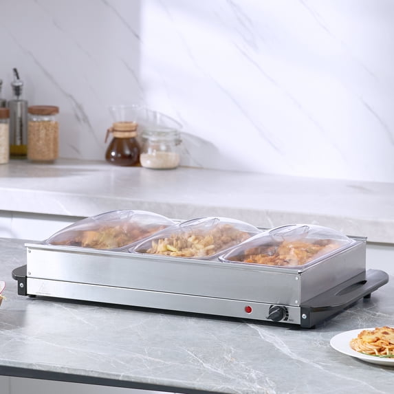 KFFKFF Electric Buffet Server with 3 Stainless Steel Warming Trays 25.6" x 15" Buffet Server Food Warmer with 3 Stainless Steel Warming Pan Warm Tray for Buffet, Electric Food Warm Tray