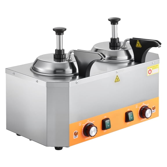 KFFKFF Electric Cheese Dispenser with Dual Pumps, 2.4x2 L Commercial Hot Fudge Warmer, Stainless Steel Heated Double Pump System, Adjustable Temperature Range 86-230 for Cheese, Fudge, and Caramel