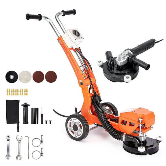 KFFKFF Electric Concrete Grinder, 1400W 3600 RPM, Walk-Behind Floor Polisher for Marble, Stone, and Epoxy Surfaces, 7-Inch Grinding Disc, Adjustable Handle with Vacuum Port for Dust Control, Orange