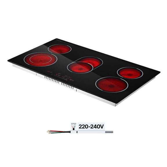 KFFKFF Electric Cooktop 36-Inch, 5-Burner Stove Top, 8900W, 220V, Ceramic Built-In Radiant Electric Stove with Adjustable Power Levels, Timer, Safety Lock, Overheat Protection, and Touch Controls
