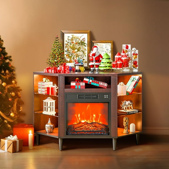 KFFKFF Electric Fireplace Media Console, Fits Up to 50" TVs, 18" Insert, Vintage Style, 20 LED Ambiance Lighting, Remote & Timer, Corner Unit, Living Room, Brown