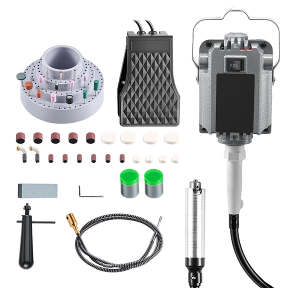 KFFKFF Electric Flex Shaft Grinder, 125W 18000RPM Rotary Tool with Foot Pedal Control, Hanging Carver Grinder and 112-Piece Accessory Kit for Sanding, Buffing, Polishing, and Cutting