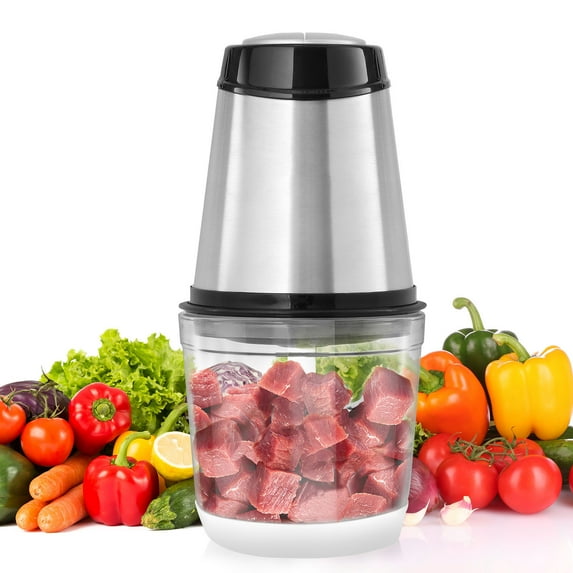 KFFKFF Electric Food Processor, Meat Grinder with Quad Stainless Steel Blades, 2.5 Cup Capacity Glass Bowl, 400W Power, Dual Speed Food Chopper, Ideal for Baby Food, Meat, Onion, Vegetables