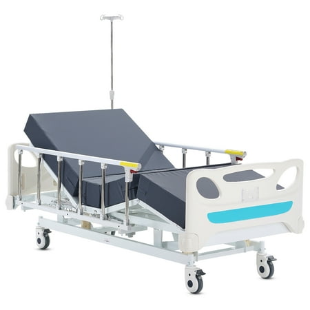 KFFKFF Electric Hospital Bed with Adjustable Functions, Medical Bed for Home Use with Mattress, IV Pole, Handheld Controller, and Locking Casters, Supports Up to 440 lbs
