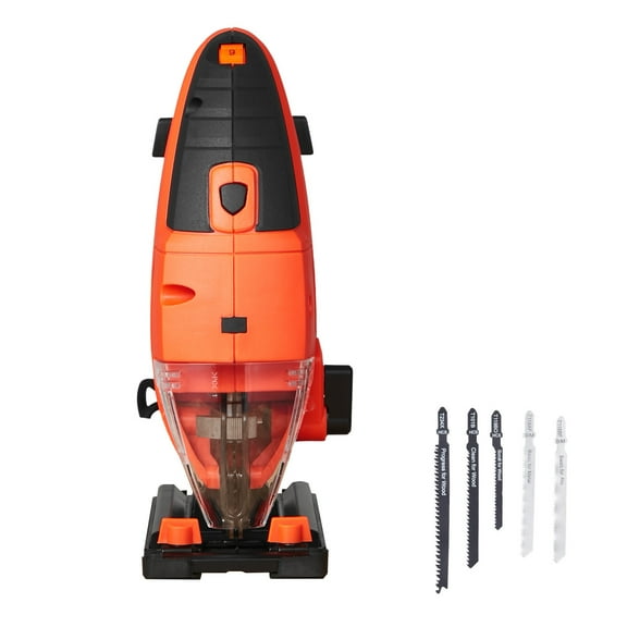KFFKFF Electric Jigsaw, 6.5 Amp Motor, 3000 SPM Blade Speed, Includes 6 Blades, LED Light, Adjustable 6-Speed Control, 0-45° Bevel Cuts, 4 Orbital Modes for Straight and Circular Cuts