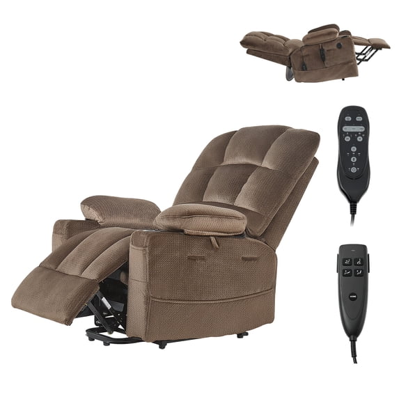 KFFKFF Electric Lift Recliner Chair with Dual Motor, Adjustable Positions, Heat and Massage Functions for Seniors, Velvet Upholstery, Storage Pockets, Cup Holders, Brown