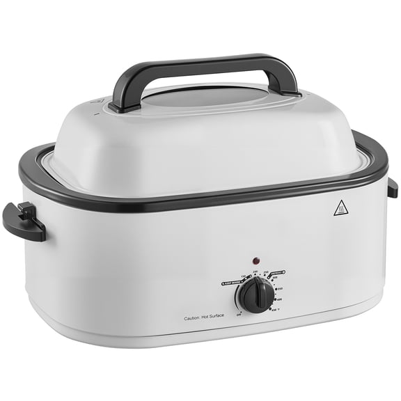 KFFKFF Electric Roaster Oven, 22 Qt Capacity, Turkey Roasting Pan, White Finish, 1450W Power, Self-Basting Lid with Viewing Window, Adjustable Heat Range 150-450F, Countertop Cooker with Defrost