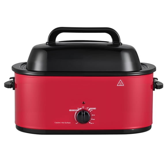KFFKFF Electric Roaster Oven, 24 Qt, Turkey Roasting Pan, Red, 1450W Power, Self-Basting Lid with Viewing Window, Adjustable Temperature 150-450F, Countertop Cooker with Defrost/Warm Functions