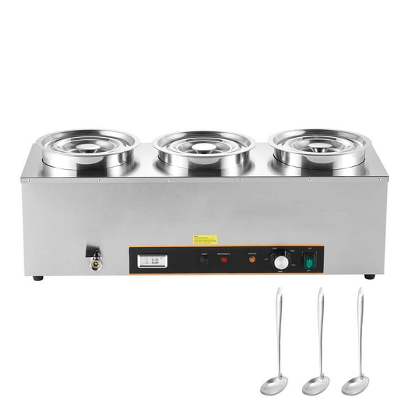 KFFKFF Commercial Soup Warmer, Electric Food Warmer Steam Table Countertop Bain Marie Three 6.34QT Stainless Steel Round Pot86~185F Adjustable Temp,1500W