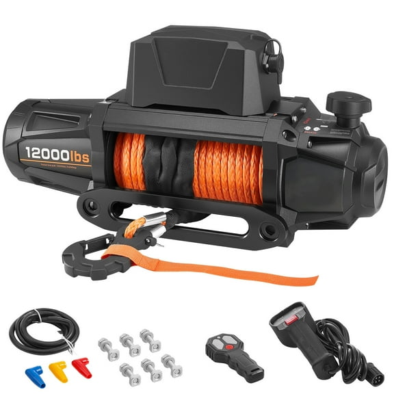 KFFKFF Electric Winch with 12,000 lbs Capacity, 12V DC Motor, Synthetic Rope (3/8 in x 92 ft), Dual Remote Control Options, IP67 Waterproof Design for Off-Roading, Towing SUVs, Trailers, Boats