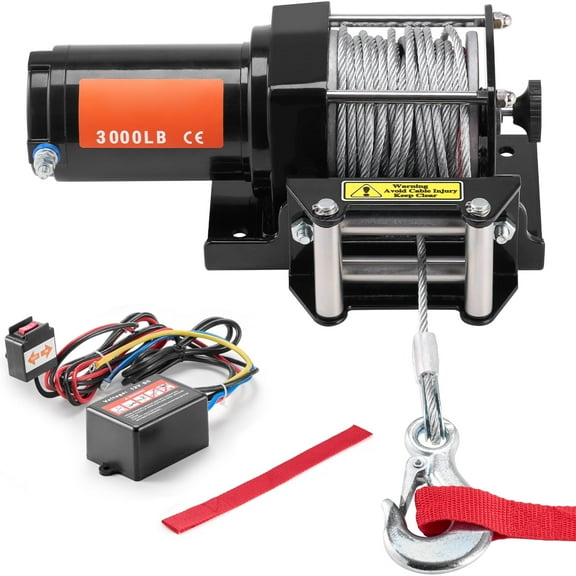 KFFKFF Electric Winch, 3000 lb Pulling Power, 12V DC for ATV/UTV, with Φ3/16 in x 39 ft Steel Cable, Roller Fairlead, Wired Remote, IP55 Water Resistance, Ideal for UTV ATV Off-Road Recovery